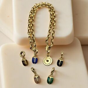 Mignonne Gavigan Gold Tone Chain Necklace ~ Removable Gemstone Scarab Charms 18”